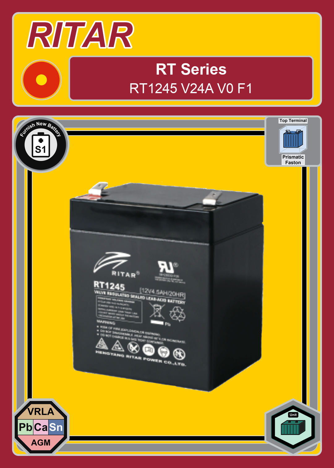 Furnish New Battery Ritar RT Series RT1245 V24A V0 F1