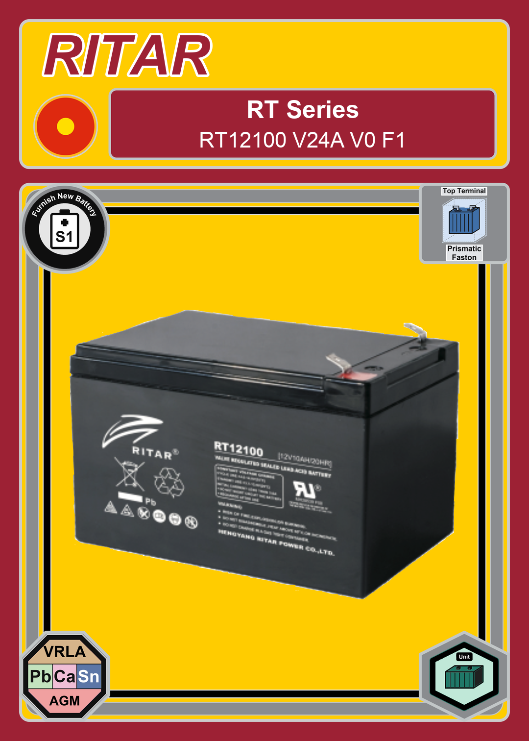 Furnish New Battery Ritar RT Series RT12100 V24A V0 F1