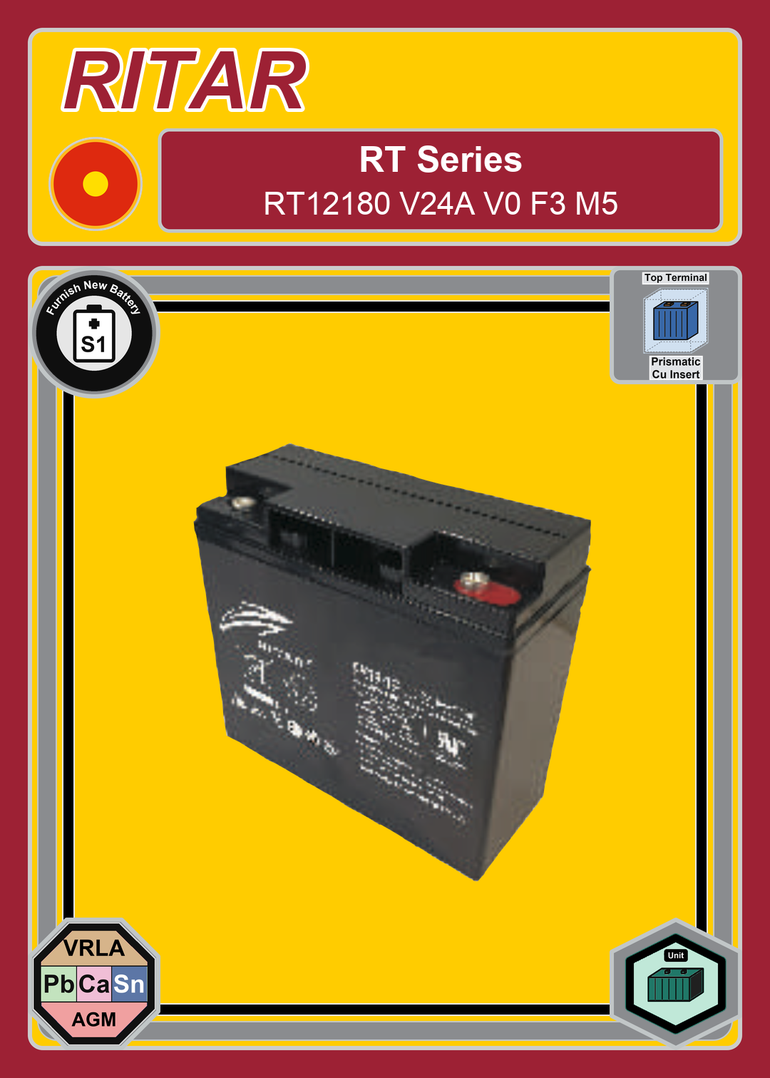 Furnish New Battery Ritar RT Series RT12180 V24A V0 F3 M5