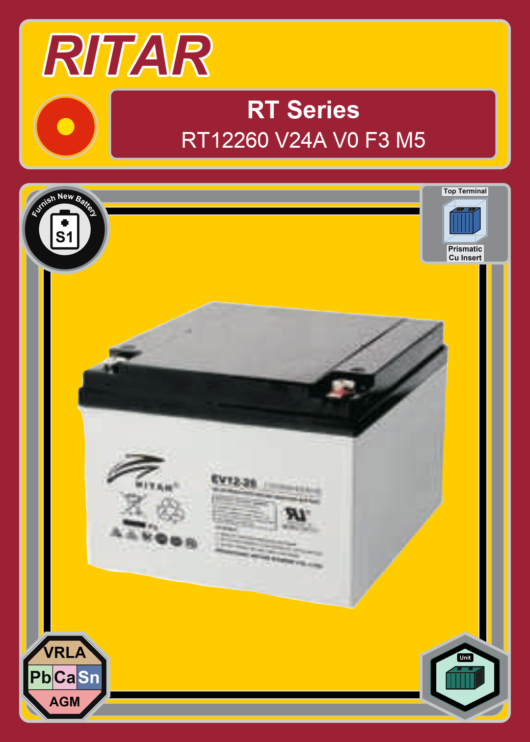 Furnish New Battery Ritar RT Series RT12260 V24A V0 F3 M5