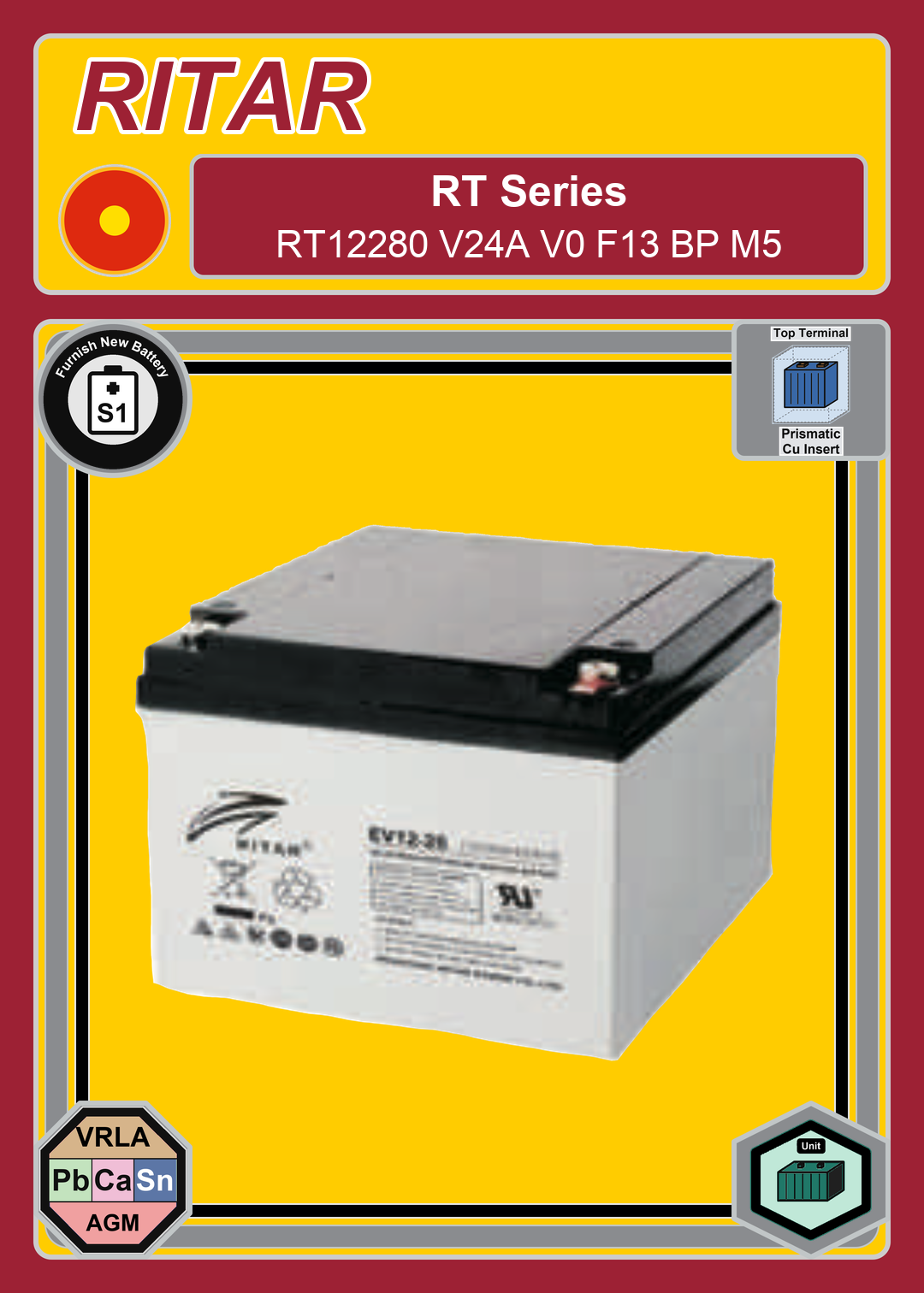 Furnish New Battery Ritar RT Series RT12280 V24A V0 F13 BP M5