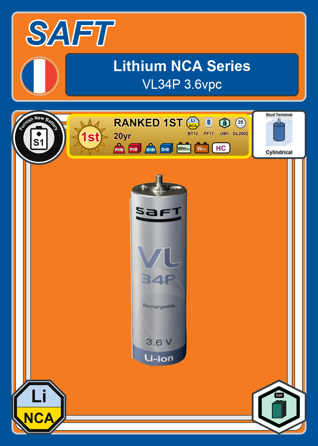 Furnish New Battery Saft Lithium NCA Series VL34P 3 6vpc