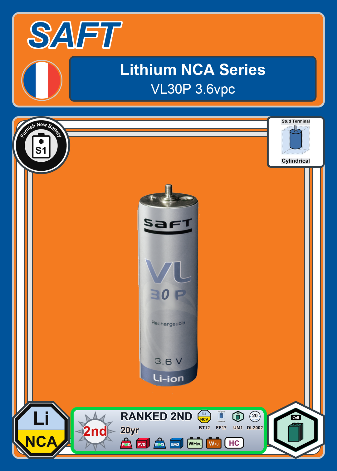 Furnish New Battery Saft Lithium NCA Series VL30P 3 6vpc