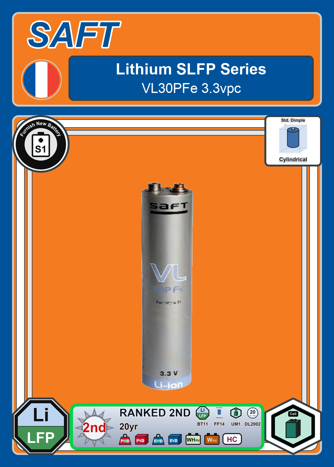 Furnish New Battery Saft Lithium SLFP Series VL30PFe 3 3vpc