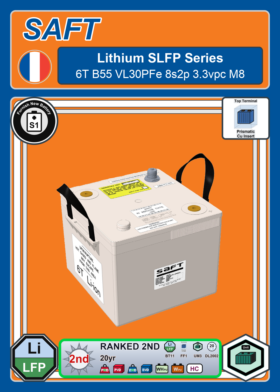 Furnish New Battery Saft Lithium SLFP Series 6T B55 VL30PFe 8s2p 3 3vpc M8