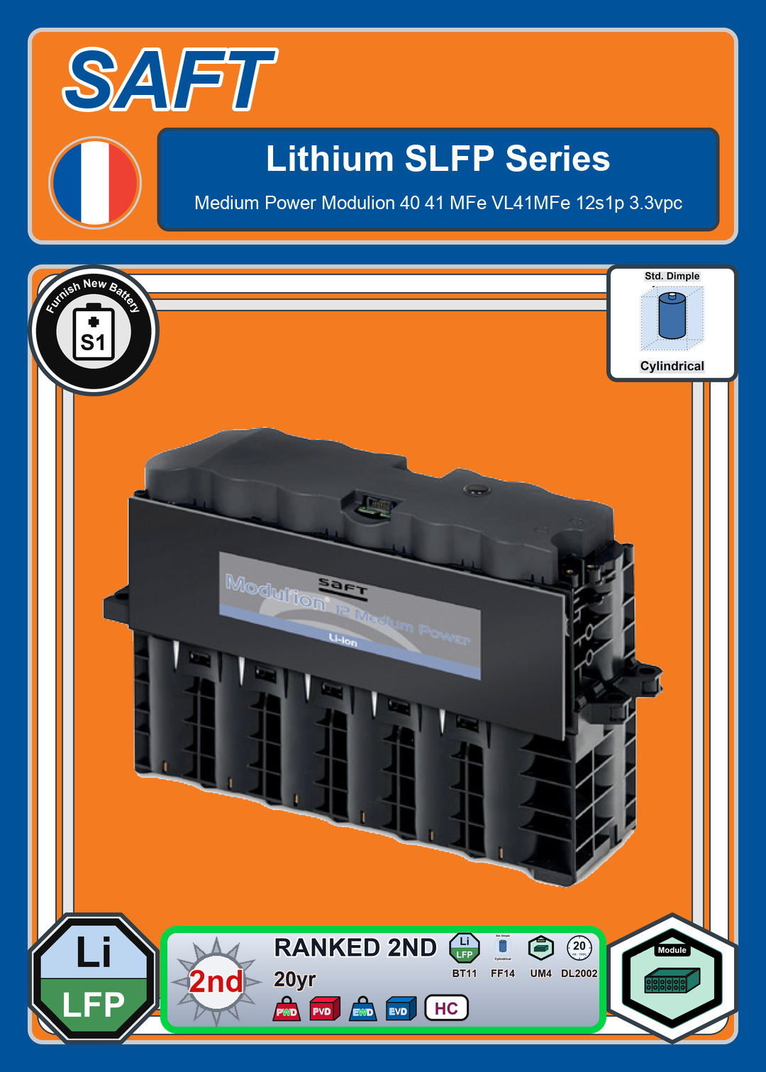 Furnish New Battery Saft Lithium SLFP Series Medium Power Modulion 40 41 MFe VL41MFe 12s1p 3 3vpc