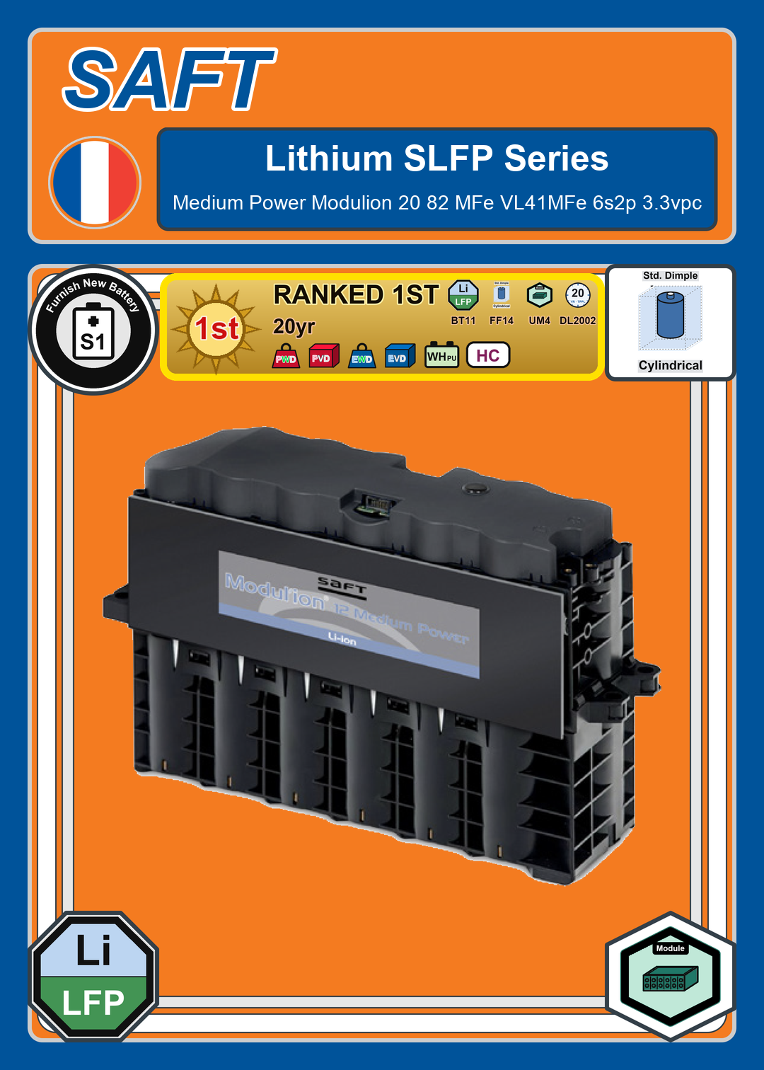 Furnish New Battery Saft Lithium SLFP Series Medium Power Modulion 20 82 MFe VL41MFe 6s2p 3 3vpc