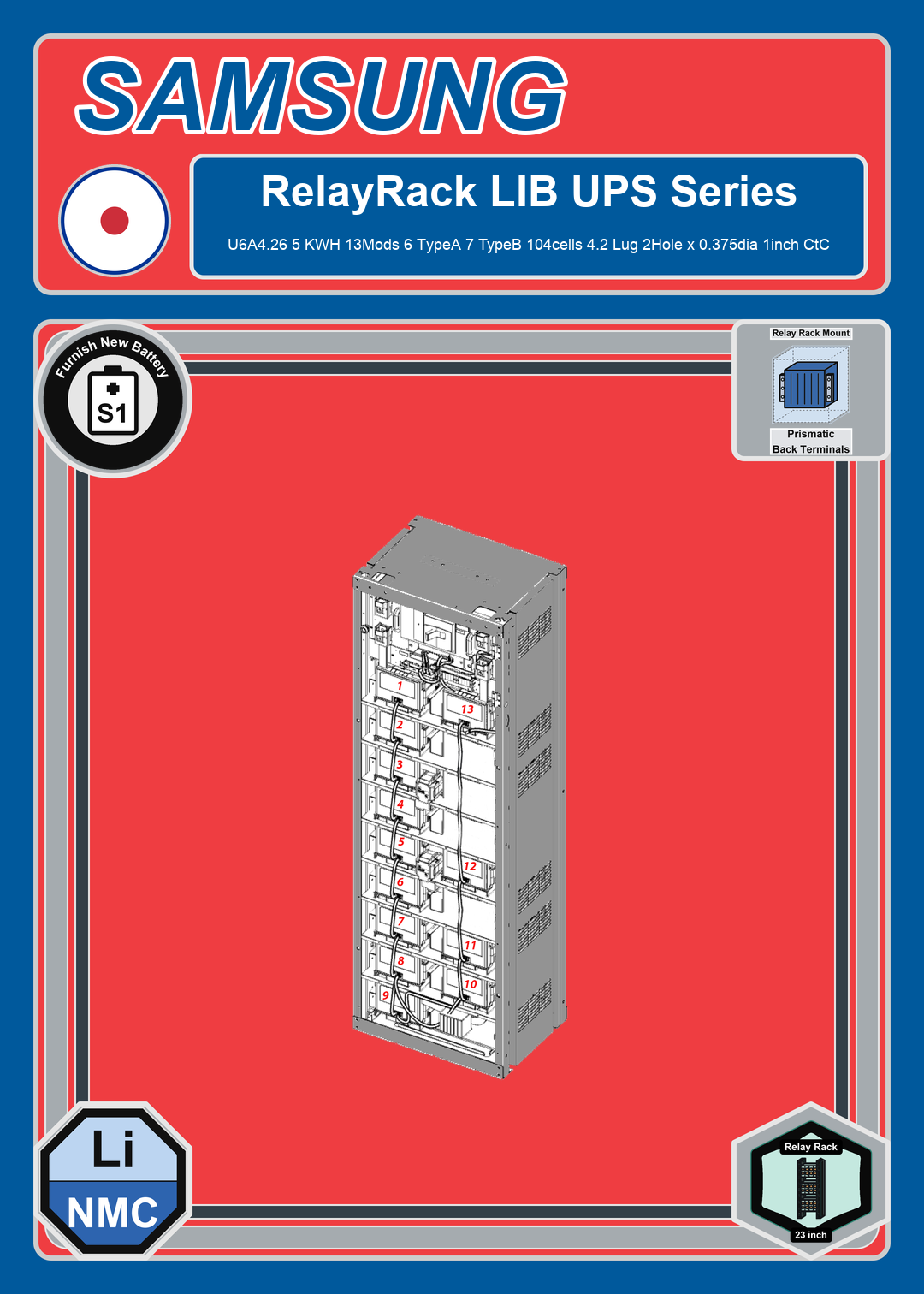 Furnish New Battery Samsung RelayRack LIB UPS U6A4 26 5 KWH 13Mods 6 TypeA 7 TypeB 104cells 4 2 Lug 2Hole x 0 375dia 1inch CtC