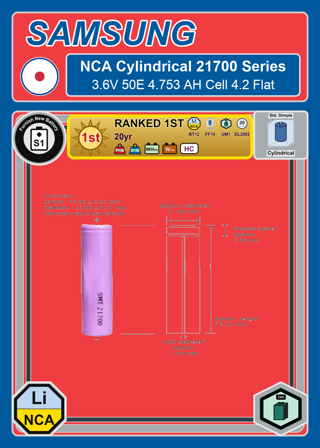 Furnish New Battery Samsung NCA Cylindrical 21700 Series 3 6V 50E 4 753 AH Cell 4 2 Flat