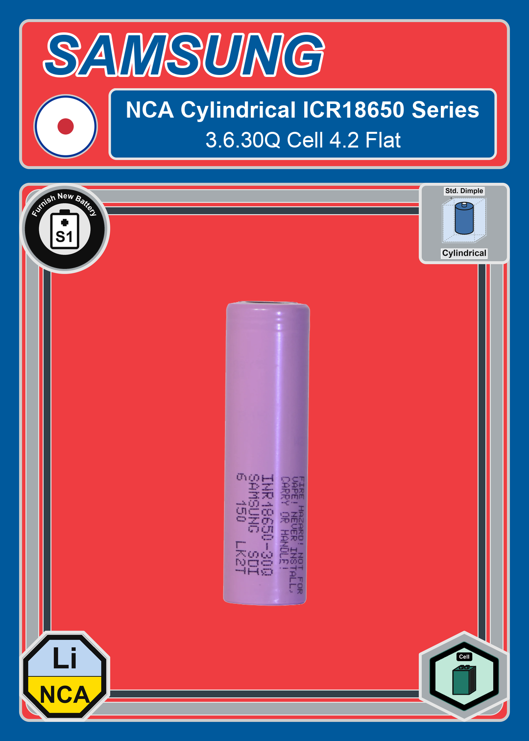 Furnish New Battery Samsung NCA Cylindrical INR18650 Series 3 6 30Q Cell 4 2 Flat