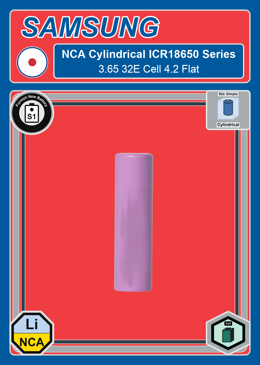 Furnish New Battery Samsung NCA Cylindrical INR18650 Series 3 65 32E Cell 4 2 Flat