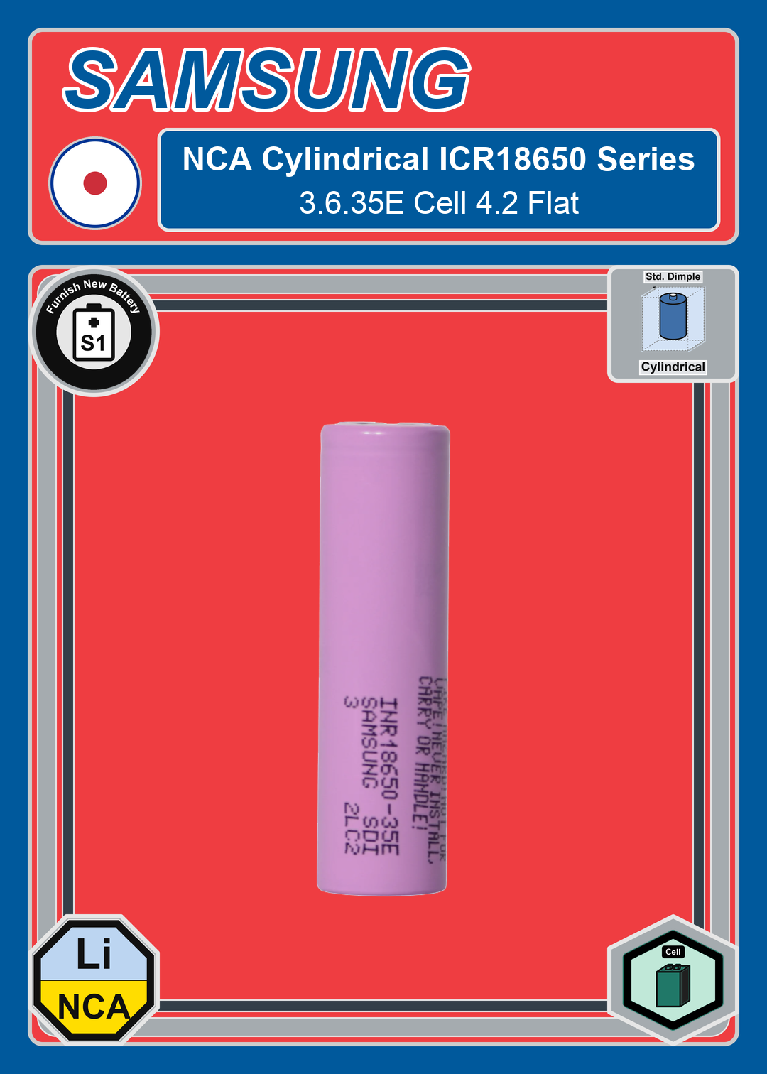 Furnish New Battery Samsung NCA Cylindrical INR18650 Series 3 6 35E Cell 4 2 Flat