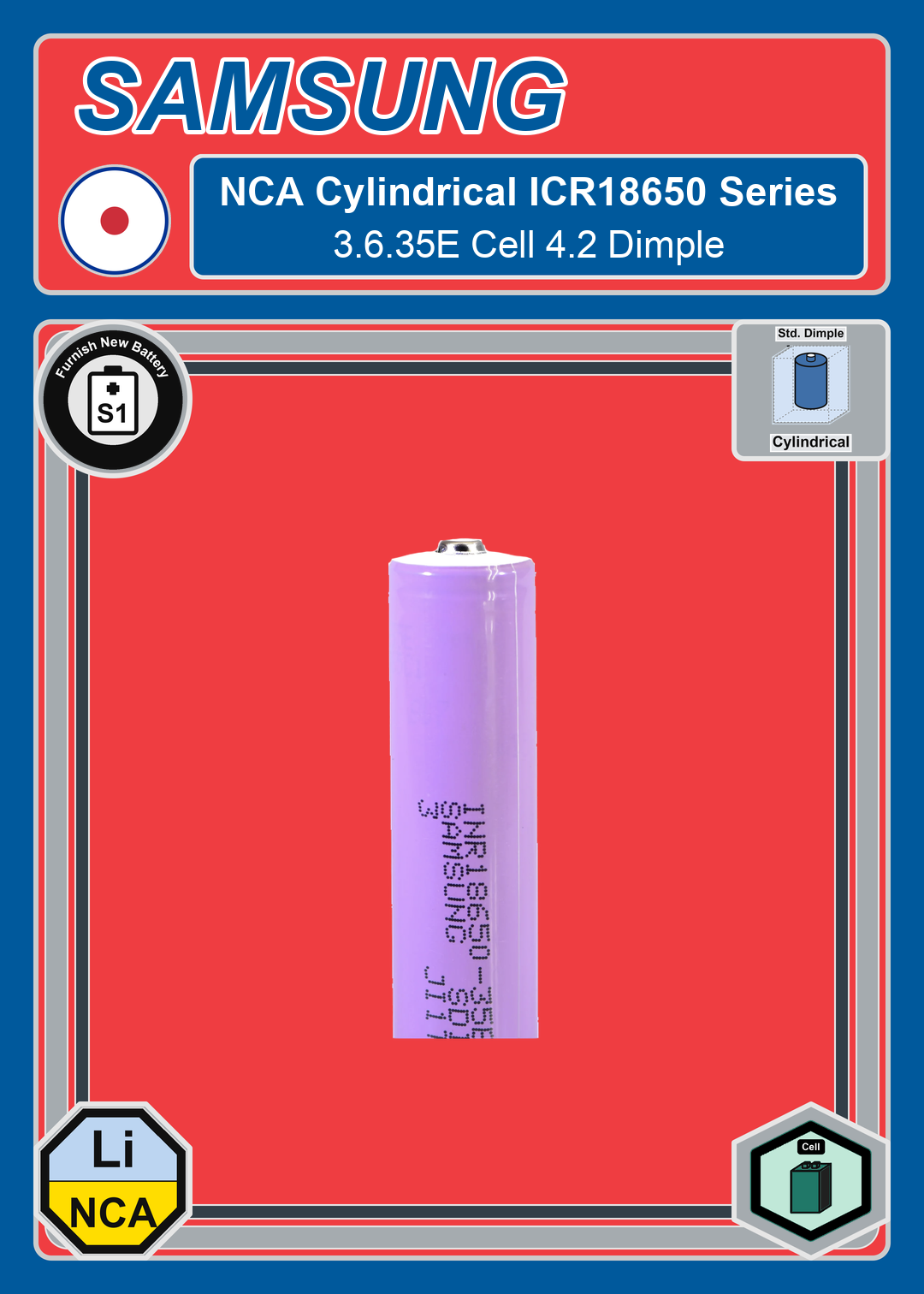 Furnish New Battery Samsung NCA Cylindrical INR18650 Series 3 6 35E Cell 4 2 Dimple