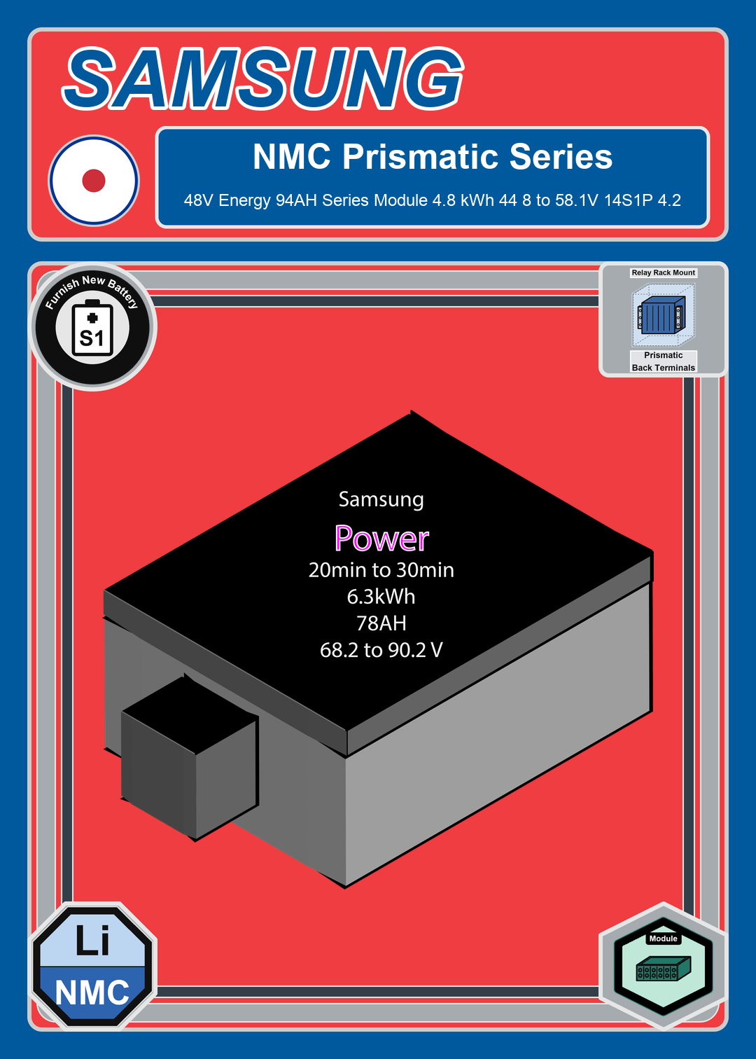 Furnish New Battery Samsung NMC Prismatic 48V Energy 94AH Series Module 4 8 kWh 44 8 to 58 1V 14S1P 4 2