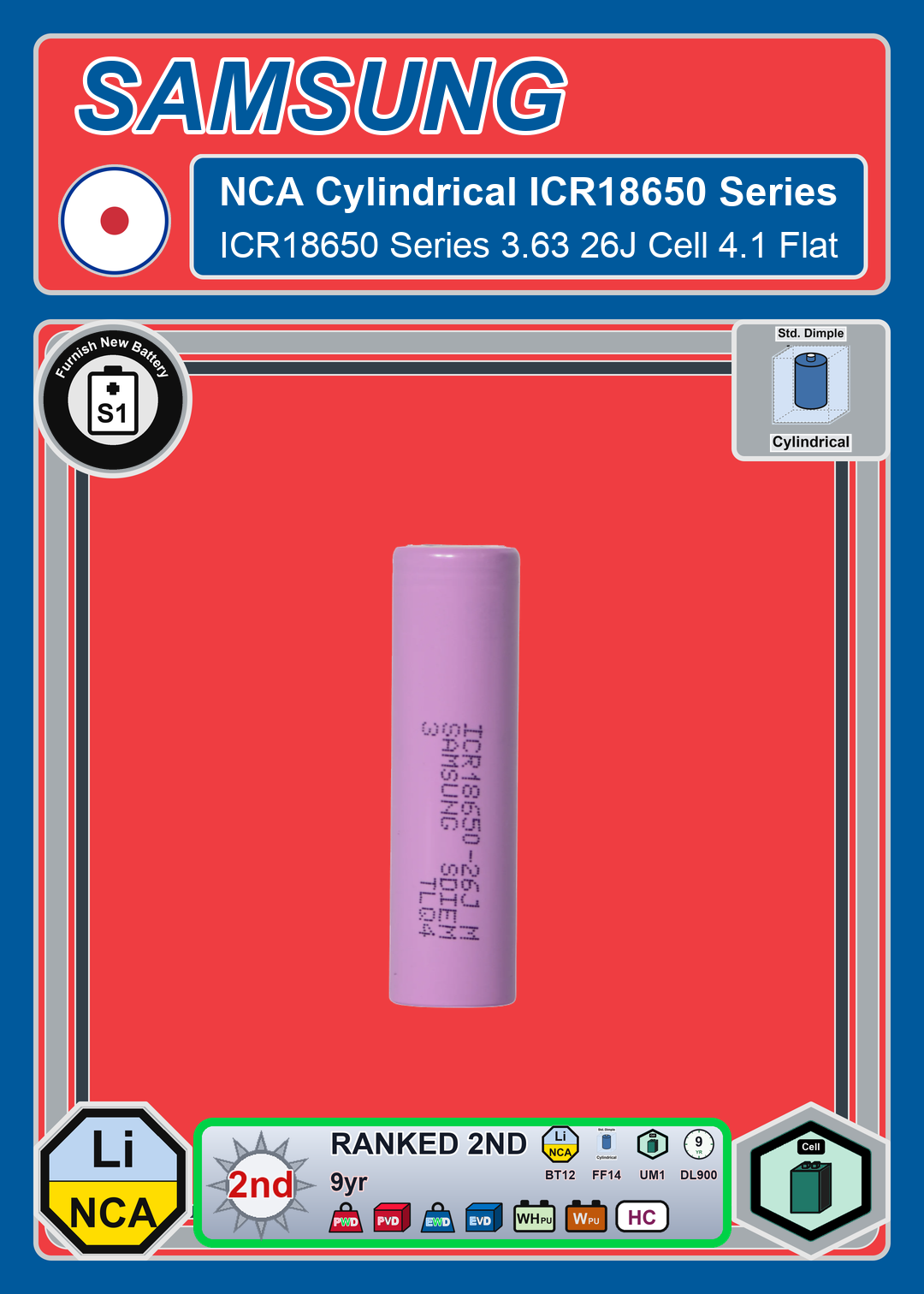 Furnish New Battery Samsung NCA Cylindrical ICR18650 Series 3 63 26J Cell 4 1 Flat