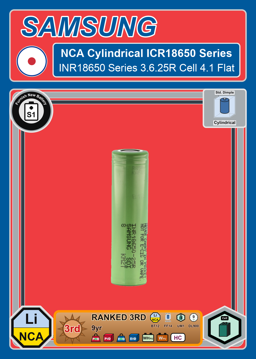 Furnish New Battery Samsung NCA Cylindrical INR18650 Series 3 6 25R Cell 4 1 Flat