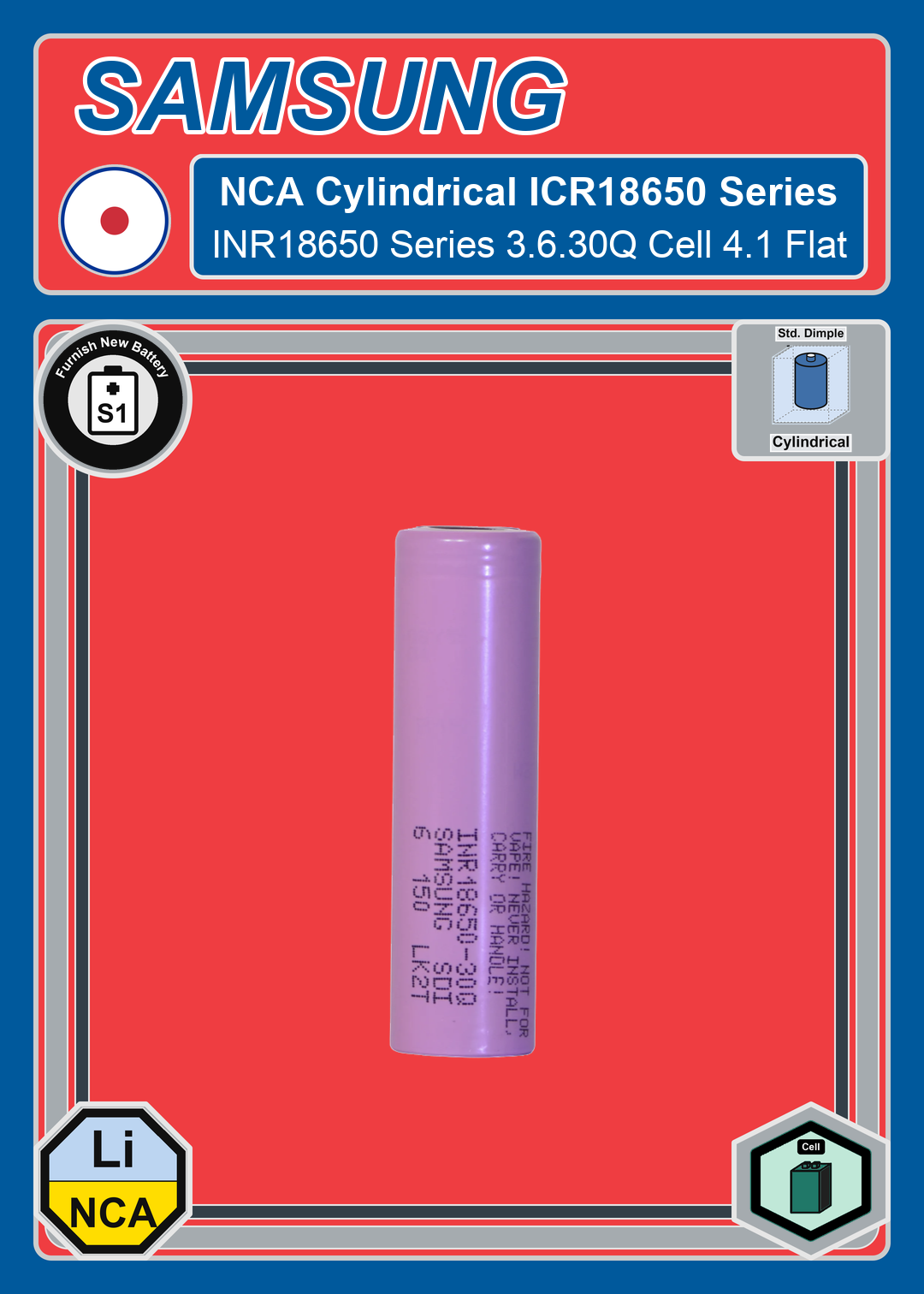 Furnish New Battery Samsung NCA Cylindrical INR18650 Series 3 6 30Q Cell 4 1 Flat