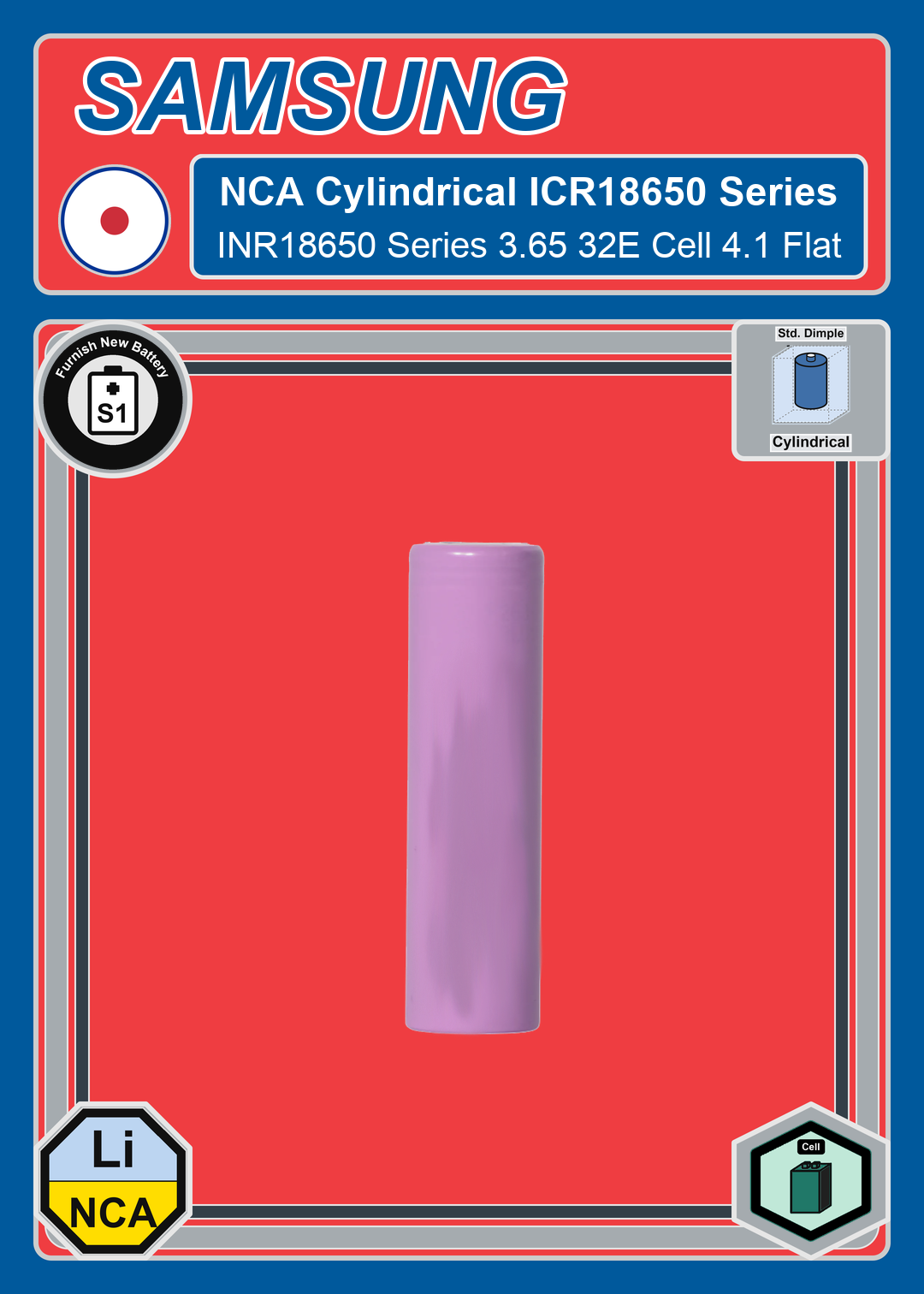 Furnish New Battery Samsung NCA Cylindrical INR18650 Series 3 65 32E Cell 4 1 Flat