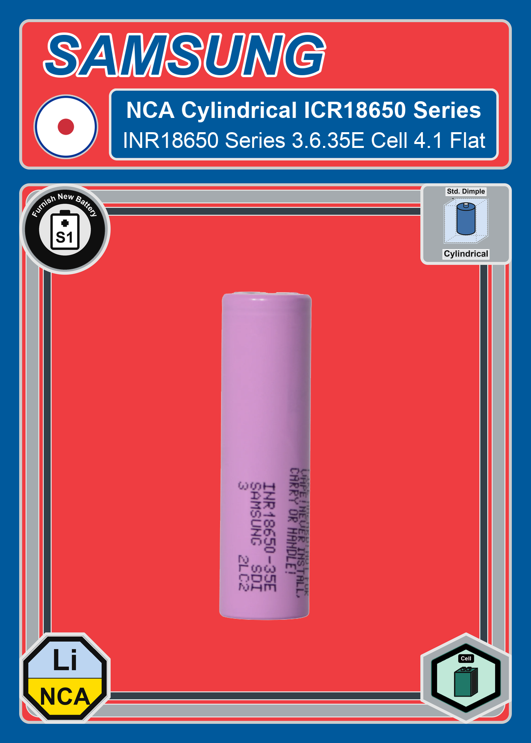 Furnish New Battery Samsung NCA Cylindrical INR18650 Series 3 6 35E Cell 4 1 Flat