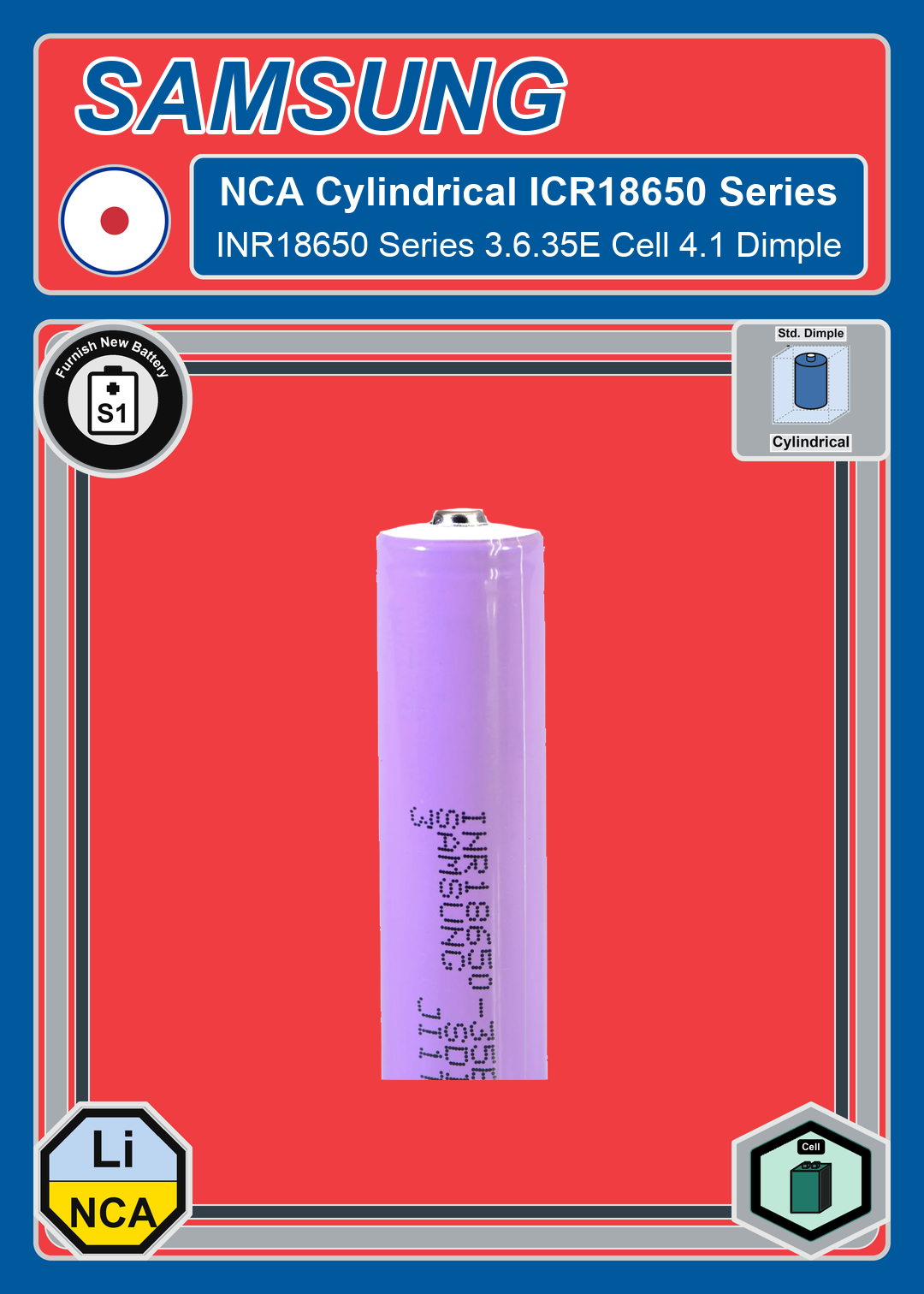Furnish New Battery Samsung NCA Cylindrical INR18650 Series 3 6 35E Cell 4 1 Dimple