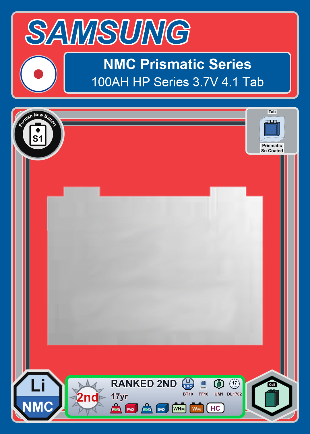 Furnish New Battery Samsung NMC Prismatic 100AH HP Series 3 7V 4 1 Tab