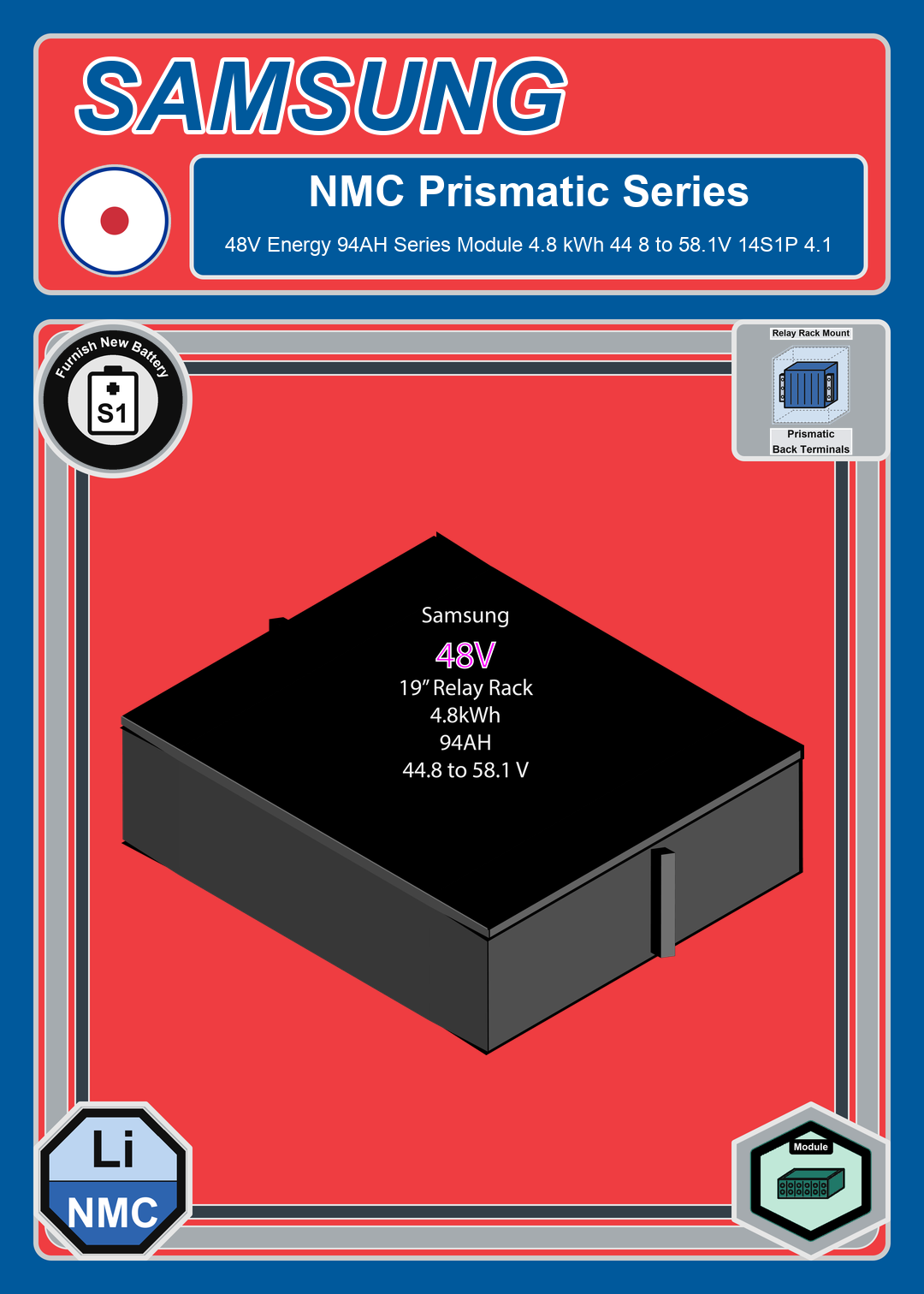 Furnish New Battery Samsung NMC Prismatic 48V Energy 94AH Series Module 4 8 kWh 44 8 to 58 1V 14S1P 4 1