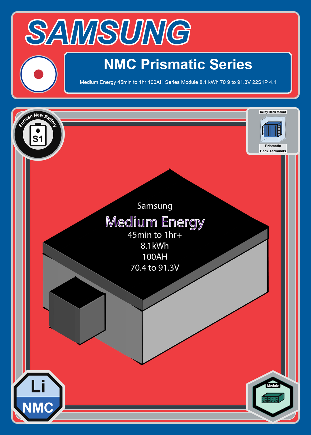 Furnish New Battery Samsung NMC Prismatic Medium Energy 45min to 1hr 100AH Series Module 8 1 kWh 70 9 to 91 3V 22S1P 4 1