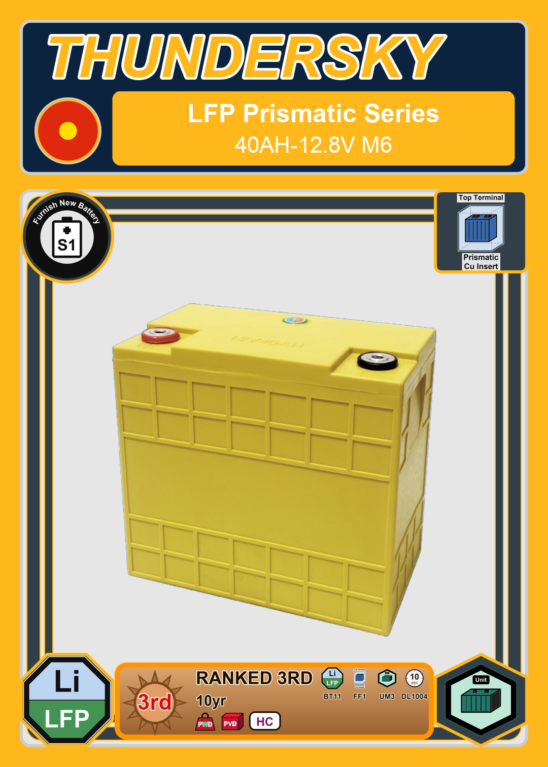 Furnish New Battery Thundersky Winston LFP Prismatic Series 40AH 12 8V M6