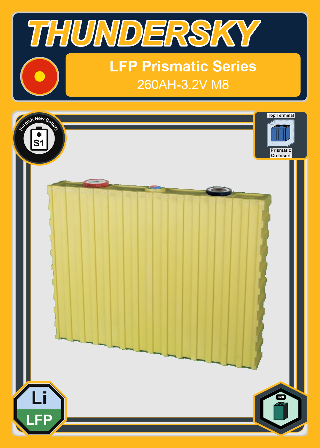 Furnish New Battery Thundersky Winston LFP Prismatic Series 260AH 3 2V M8