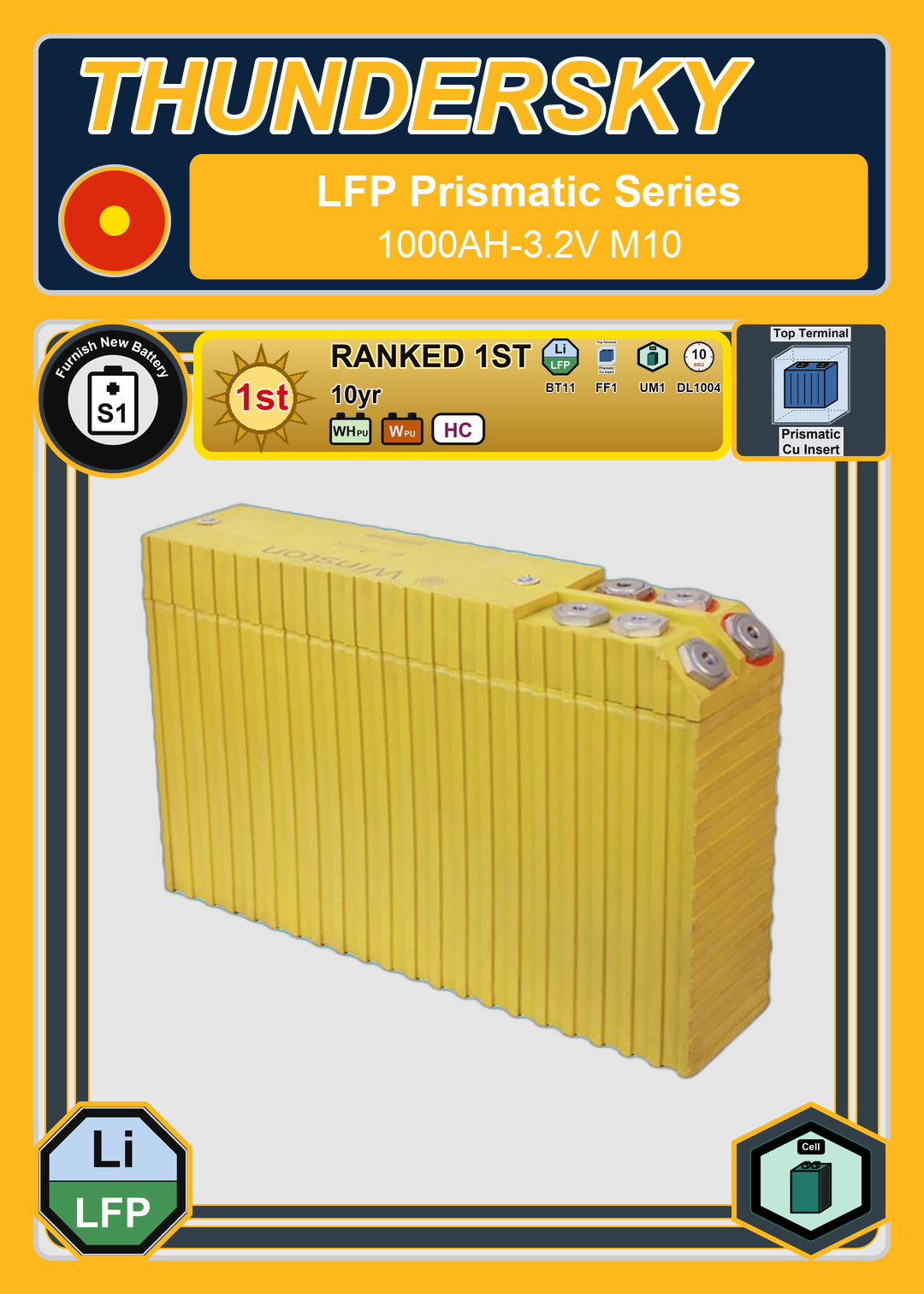 Furnish New Battery Thundersky Winston LFP Prismatic Series 1000AH 3 2V M10