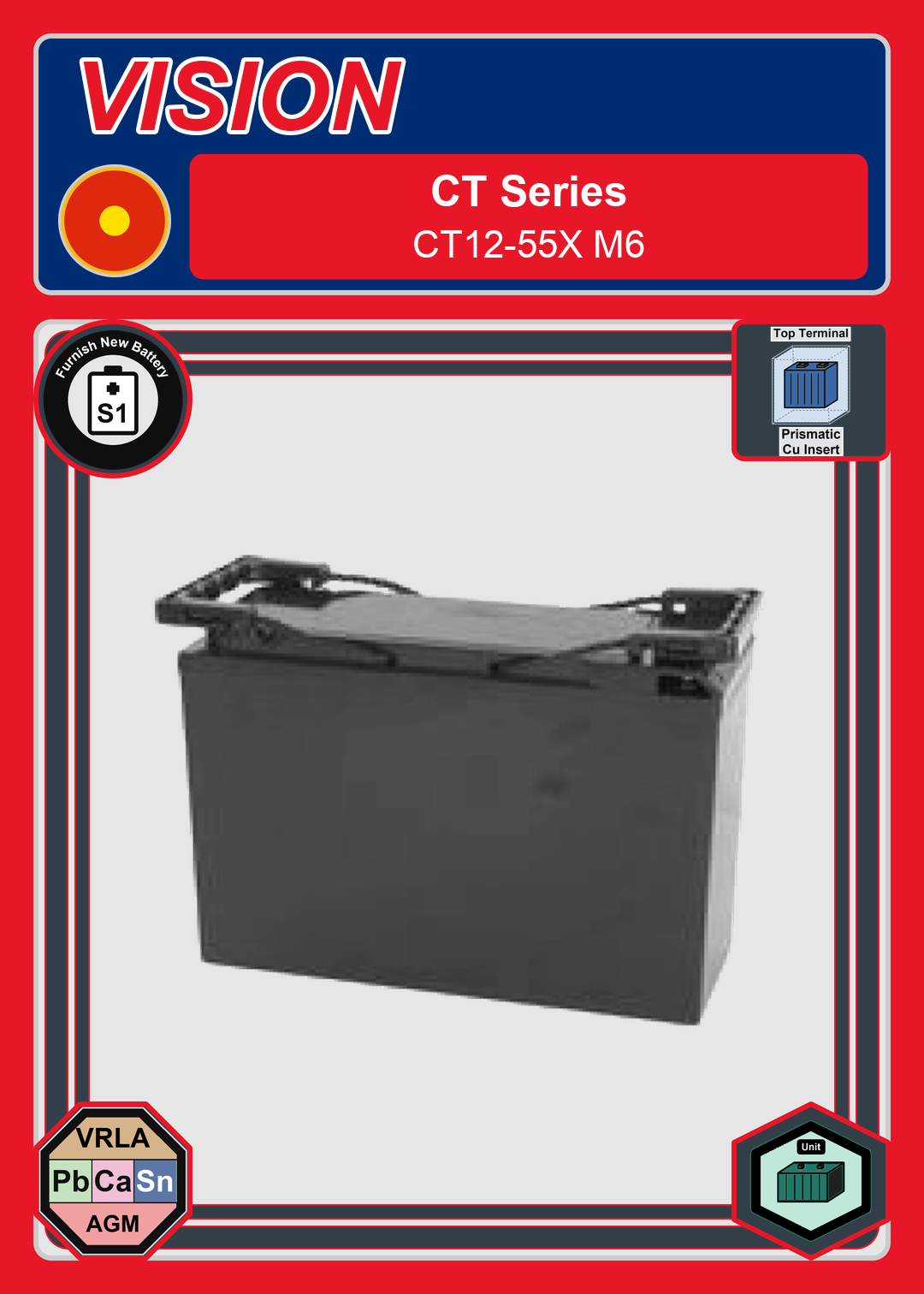 Furnish New Battery Vision CT Series CT12 55X M6