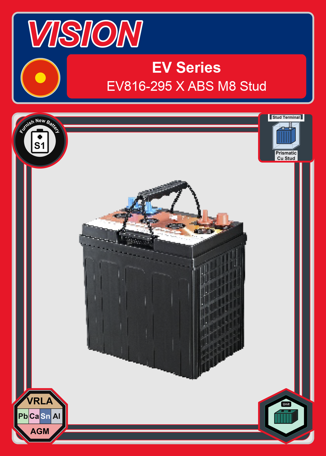 Furnish New Battery Vision EV Series EV816 295 X ABS M8 Stud