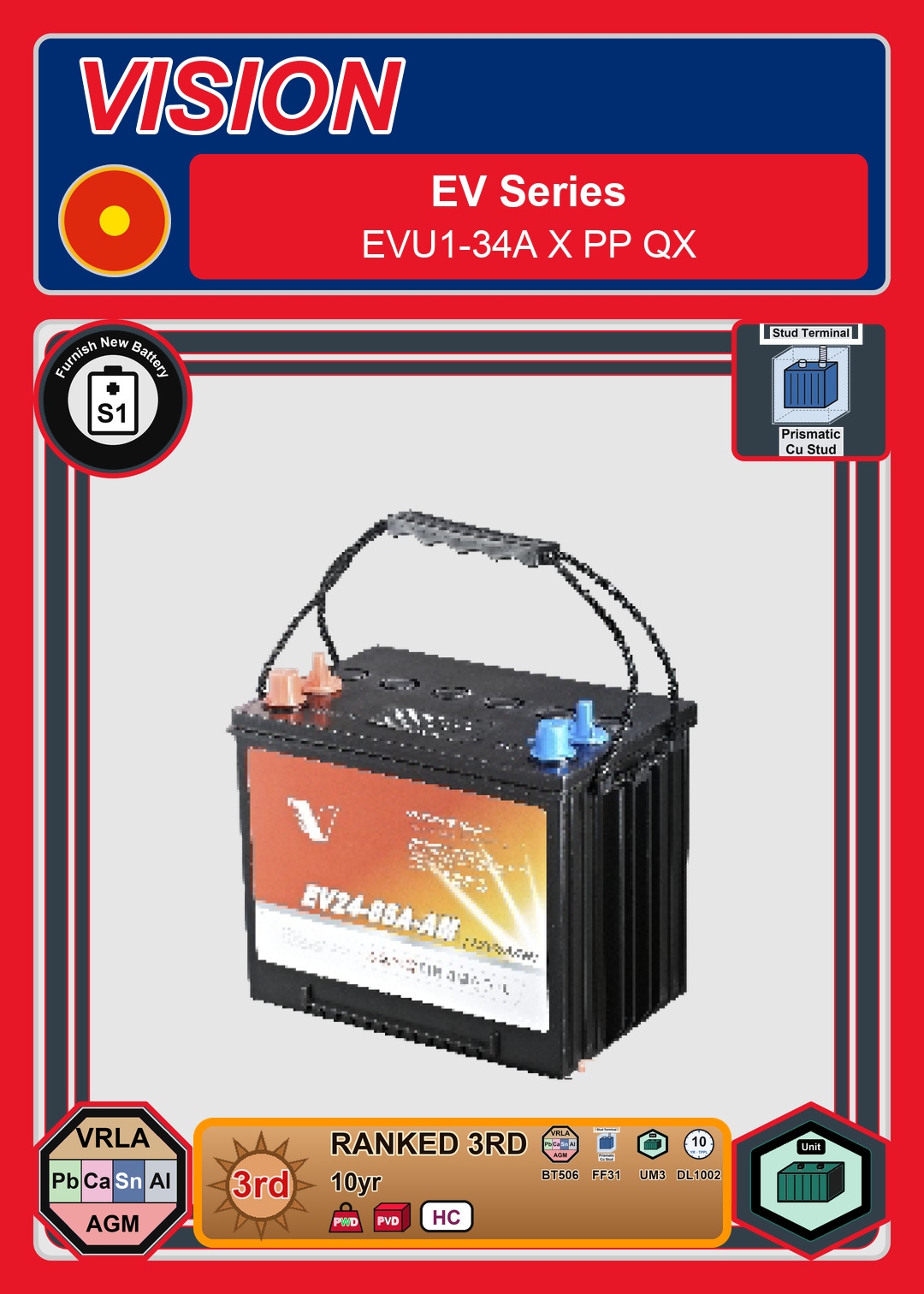 Furnish New Battery Vision EV Series EVU1 34A X PP QX