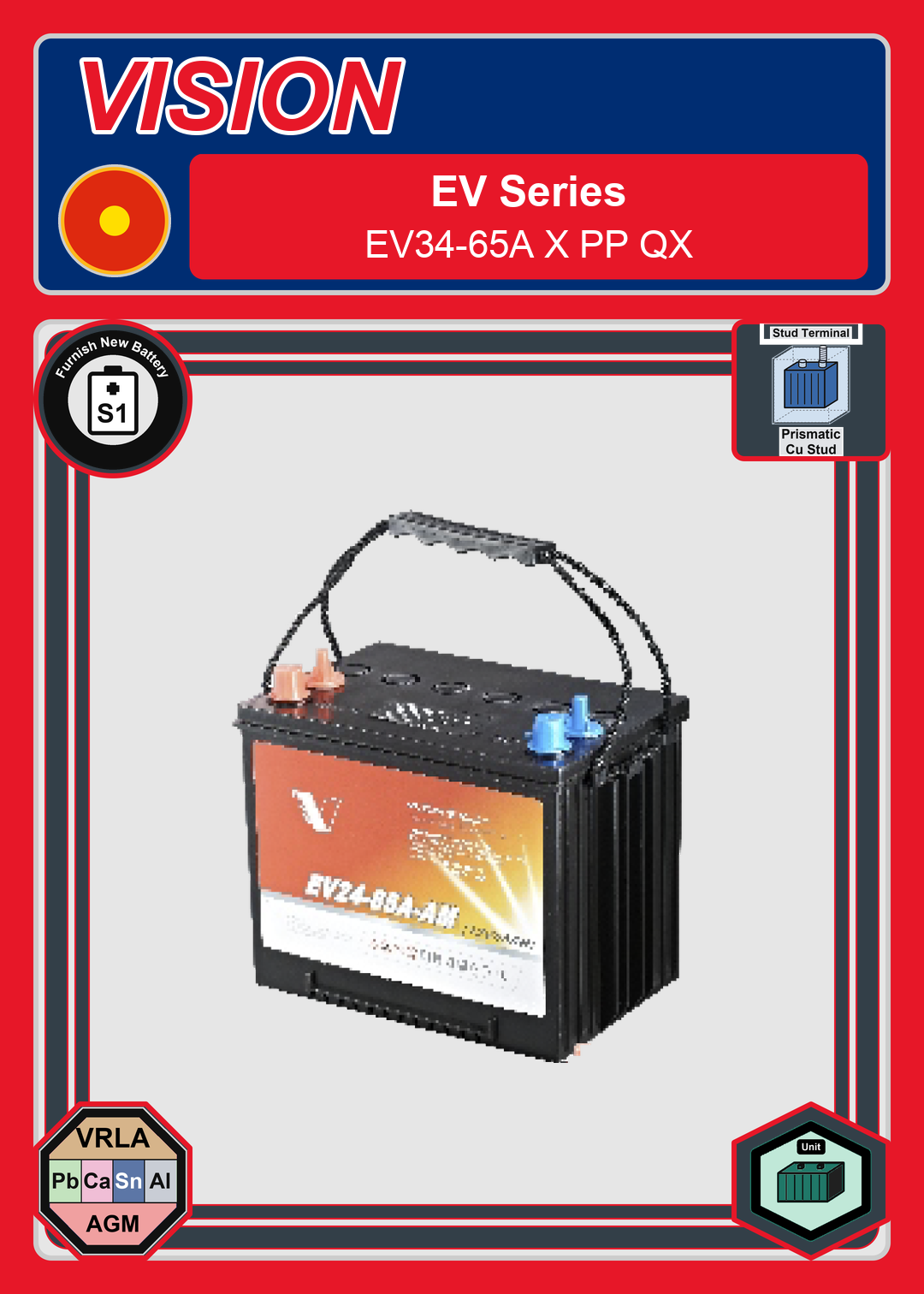 Furnish New Battery Vision EV Series EV34 65A X PP QX