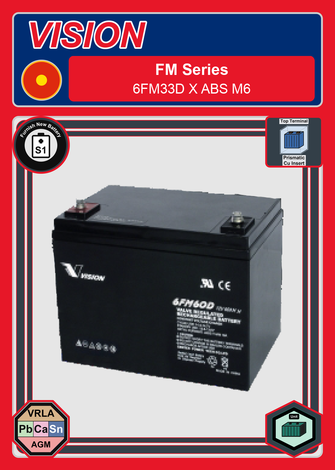 Furnish New Battery Vision FM Series 6FM33D X ABS M6