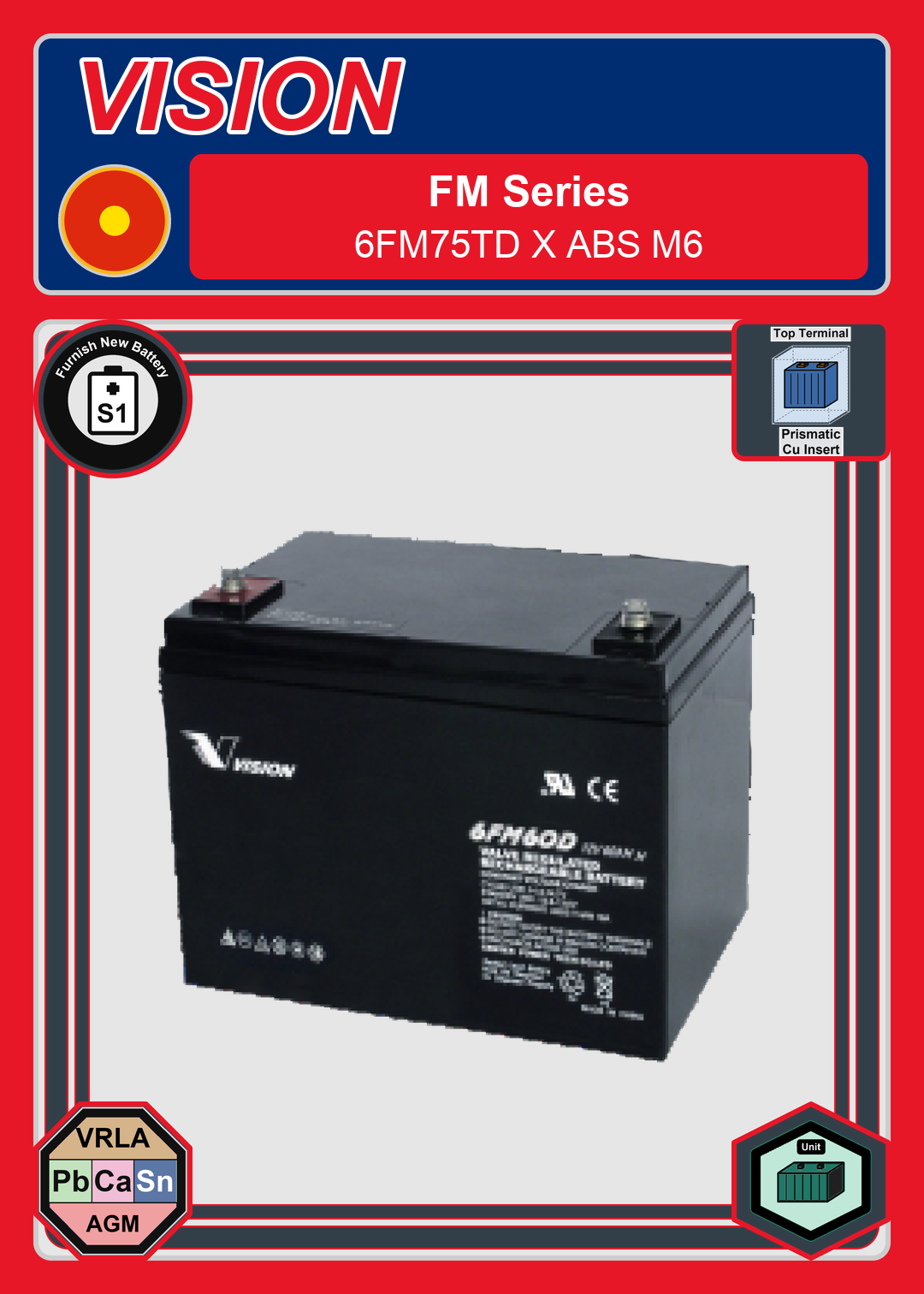 Furnish New Battery Vision FM Series 6FM75TD X ABS M6