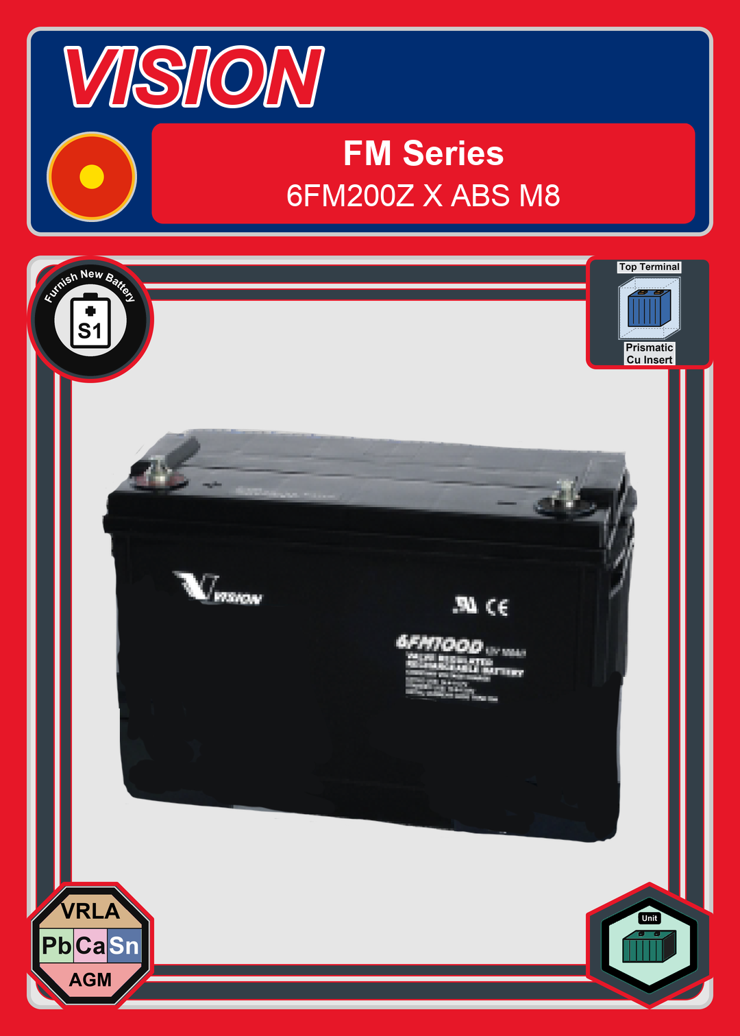Furnish New Battery Vision FM Series 6FM200Z X ABS M8