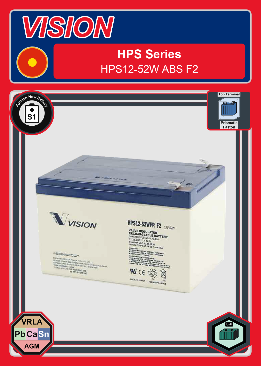 Furnish New Battery Vision HPS Series HPS12 52W ABS F2