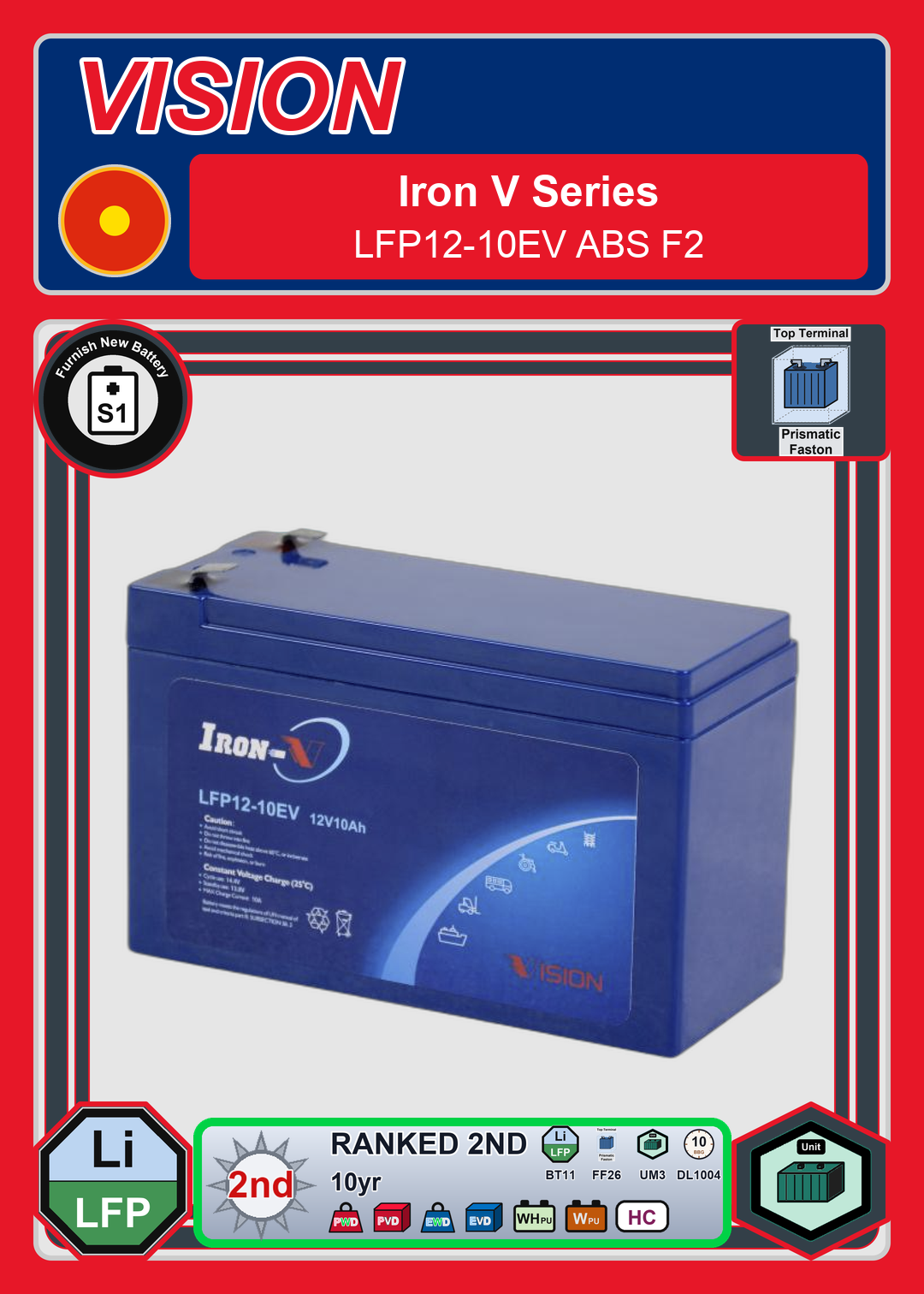 Furnish New Battery Vision Iron V Series LFP12 10EV ABS F2