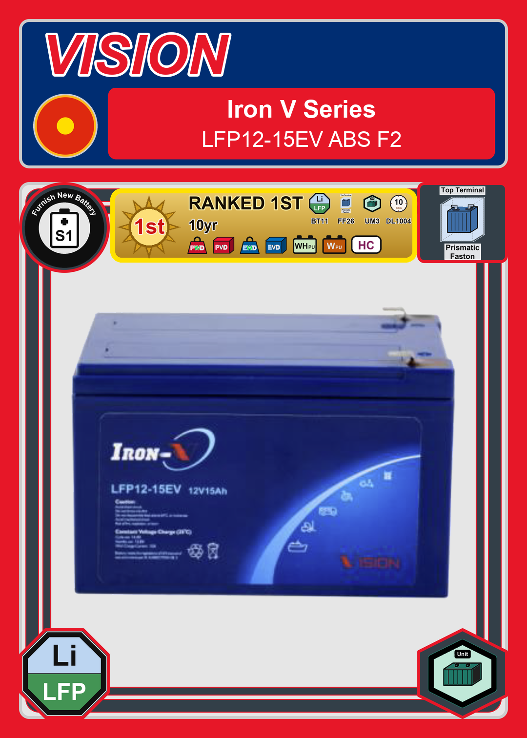 Furnish New Battery Vision Iron V Series LFP12 15EV ABS F2