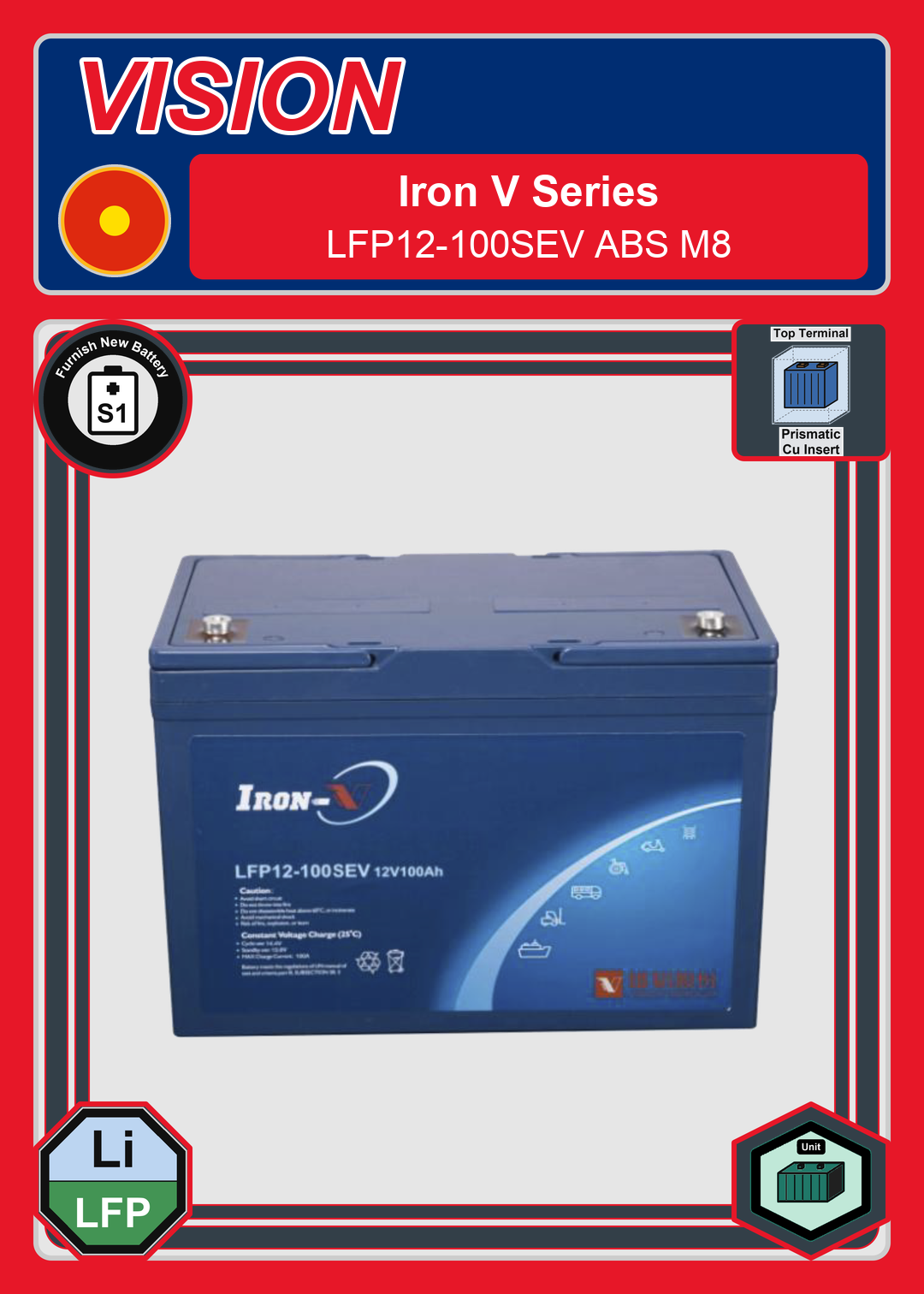 Furnish New Battery Vision Iron V Series LFP12 100SEV ABS M8