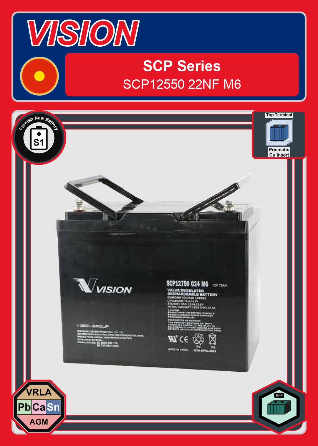 Furnish New Battery Vision SCP Series SCP12550 22NF M6
