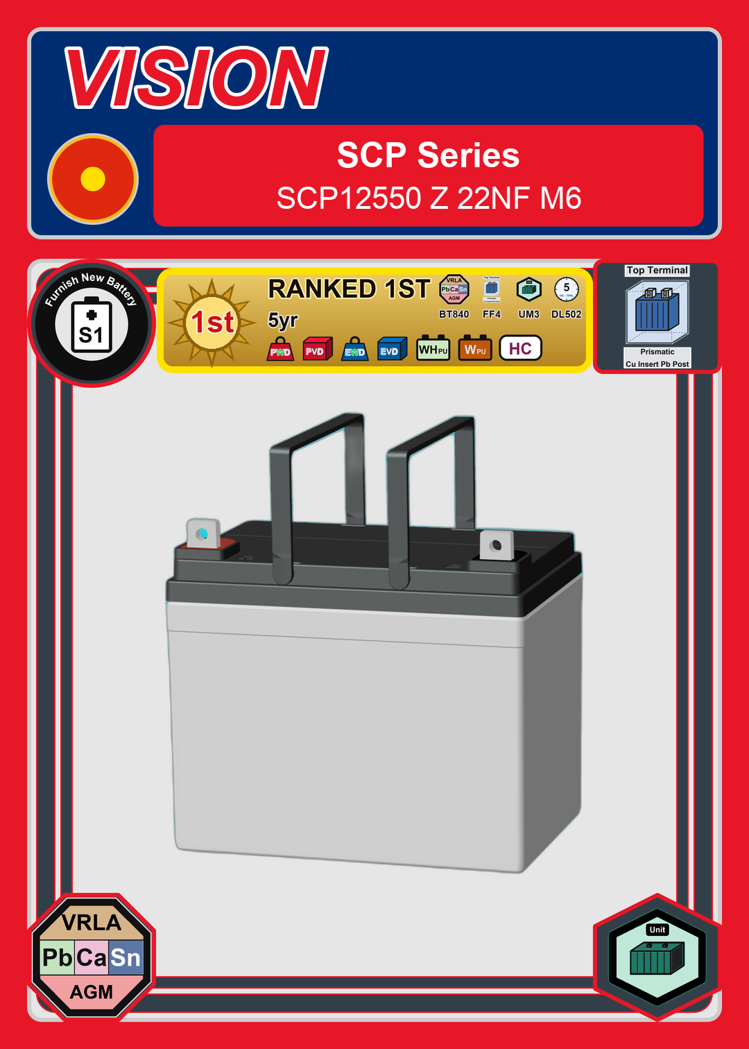 Furnish New Battery Vision SCP Series SCP12550 Z 22NF M6