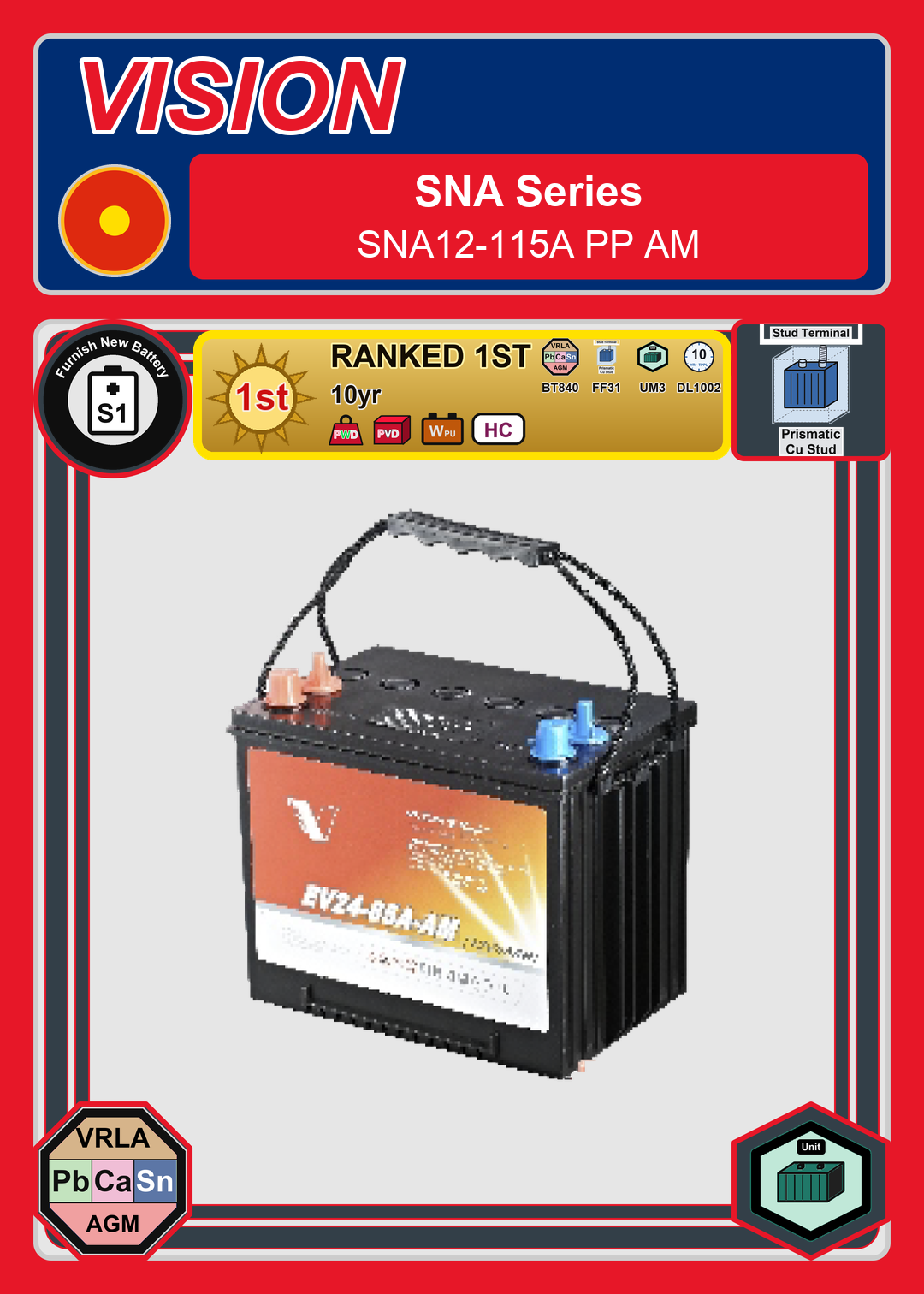 Furnish New Battery Vision SNA Series SNA12 115A PP AM