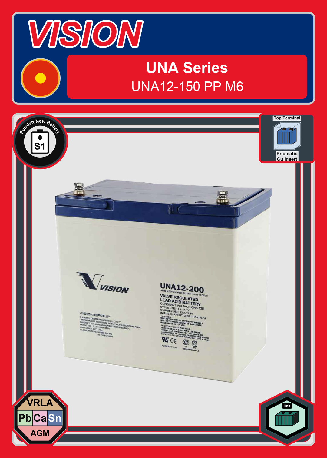 Furnish New Battery Vision UNA Series UNA12 150 PP M6