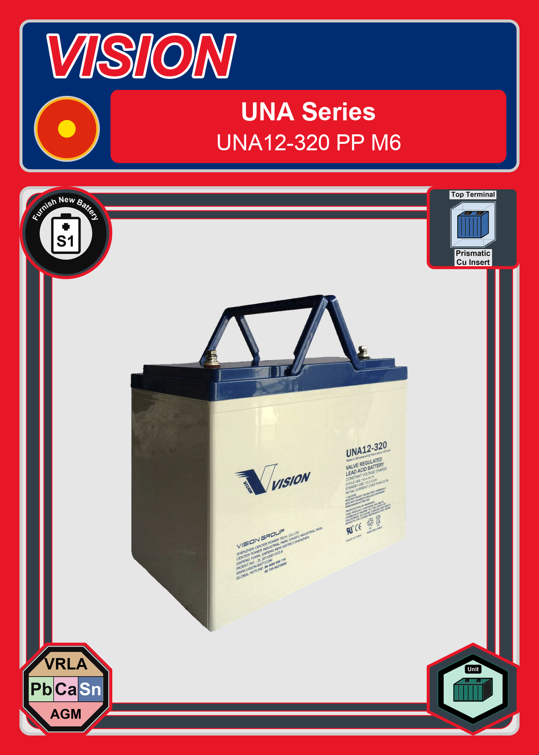 Furnish New Battery Vision UNA Series UNA12 320 PP M6
