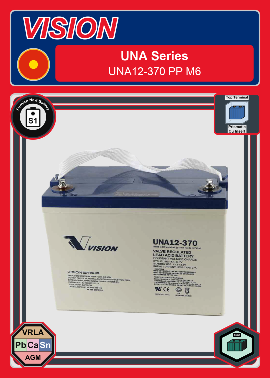 Furnish New Battery Vision UNA Series UNA12 370 PP M6