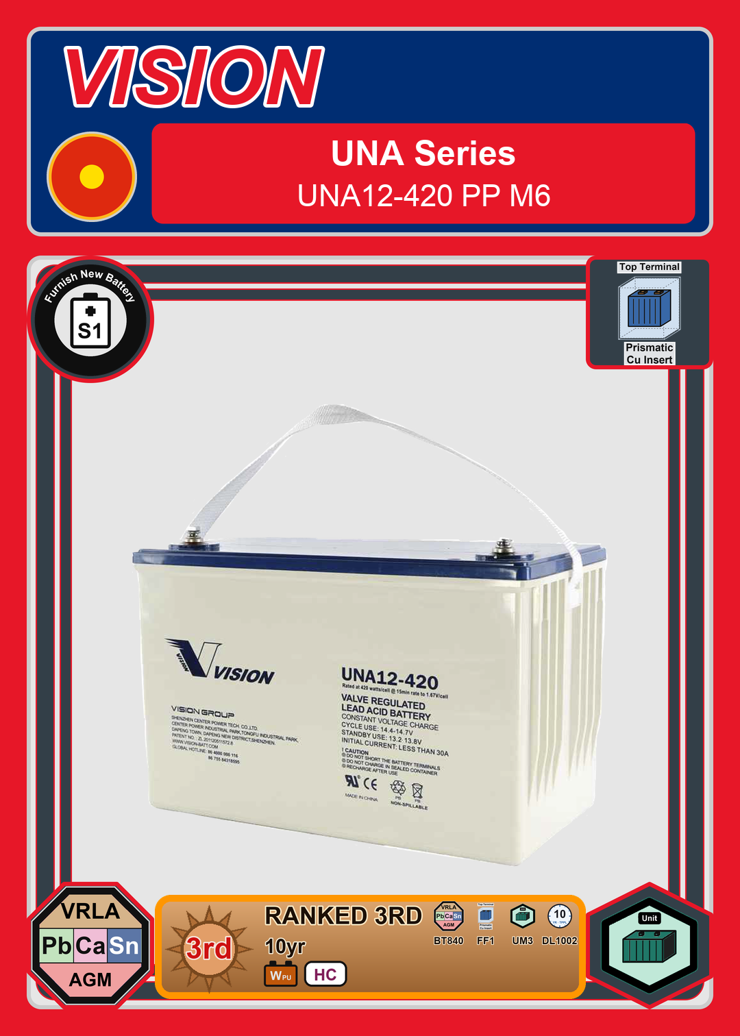 Furnish New Battery Vision UNA Series UNA12 420 PP M6
