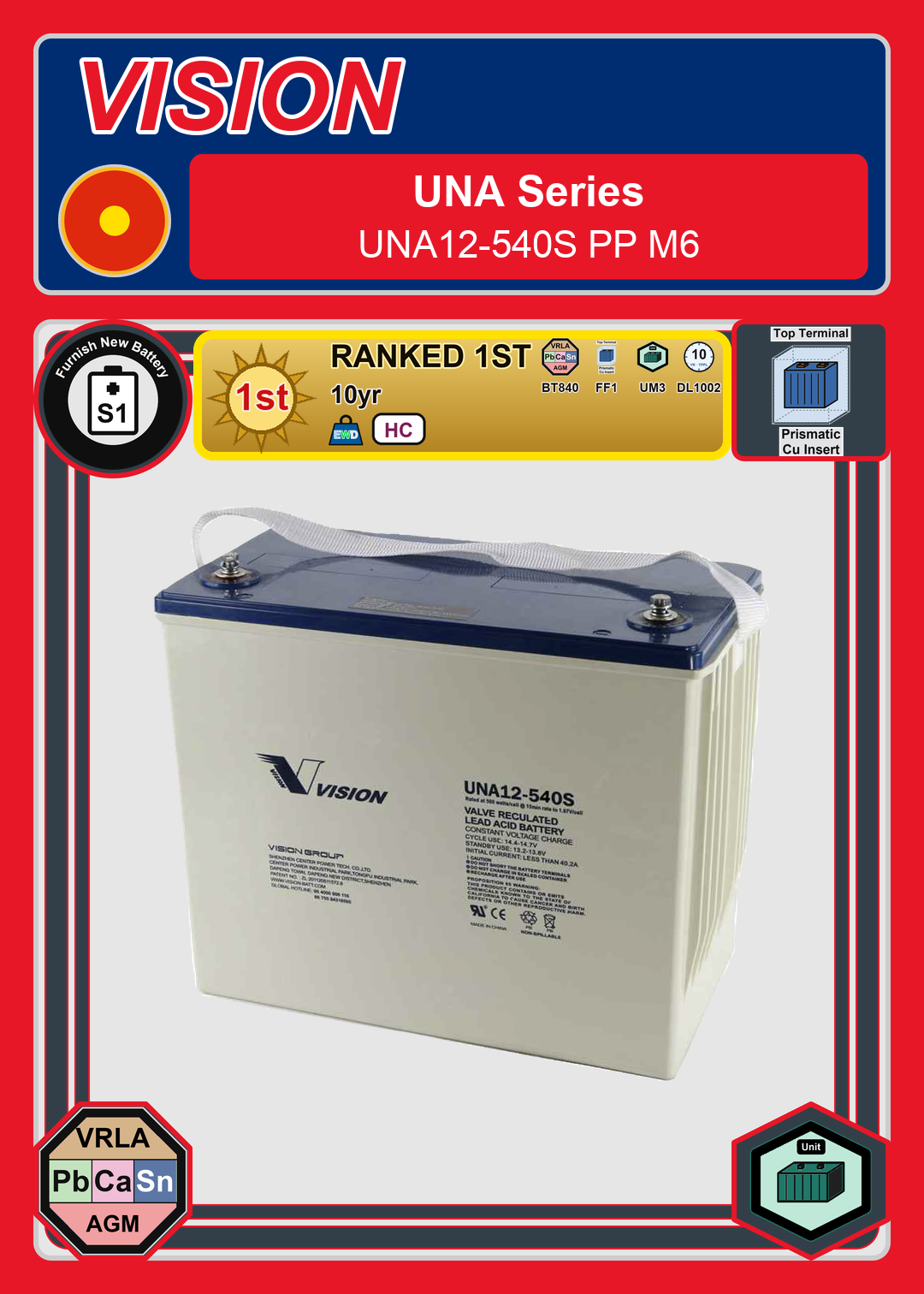 Furnish New Battery Vision UNA Series UNA12 540S PP M6