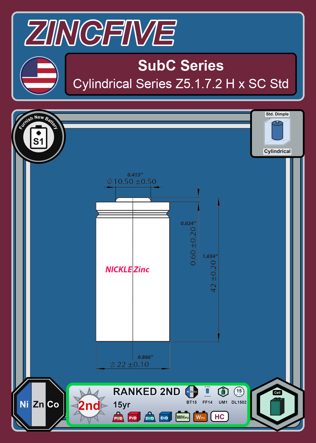 Furnish New Battery ZincFive SubC Cylindrical Series Z5 1 7 2 H x SC Std